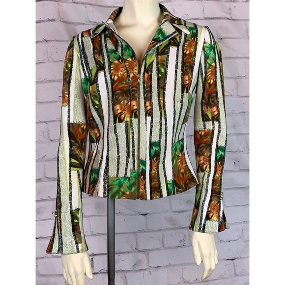 Alberto Makali Jackets & Blazers - Alberto Makali Womens Jacket Coat Green White Floral Stripe Collar Zip Up 6